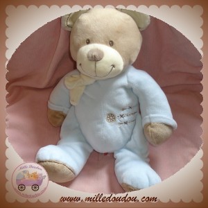 NICOTOY DOUDOU OURS TAUPE MARRON BLEU COUTURE SOS