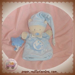 NICOTOY DOUDOU OURS MARIONNETTE BLEU LIT OISEAU SOS