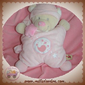 NICOTOY DOUDOU OURS ECRU QUASI PLAT ROSE ETOILE SOS