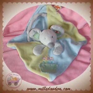 NICOTOY DOUDOU SOURIS GRISE PLATE BLEU VERT FLEURS SOS