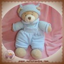 NICOTOY SOS DOUDOU OURS BEIGE SALOPETTE BLEU CHAPEAU NOEUD VICHY