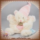 BABYNAT SOS DOUDOU OURS PLAT BLANC POIL ROSE CROIX